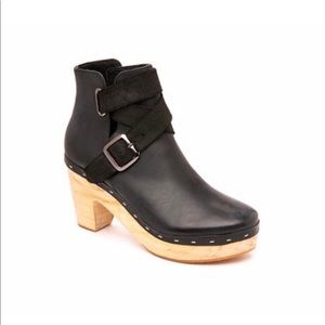 Free People leather Black wooden heel boot.